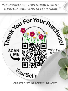 Thank You For Your Purchase, QR Code w/ Seller Name - Floral Purse - 2” Stickers
